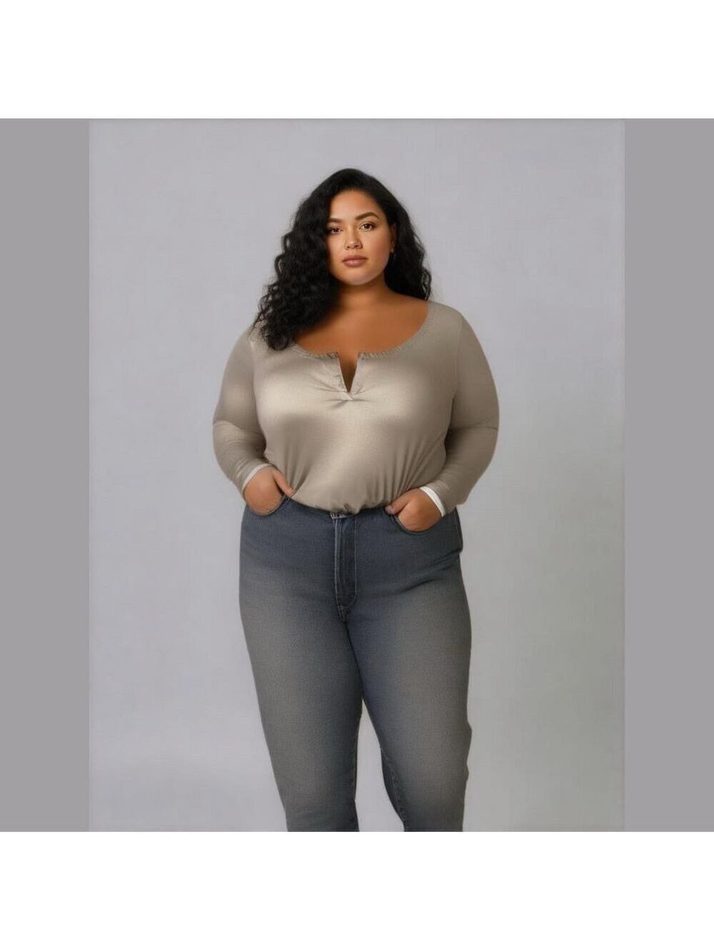 Capella Plus Size Dunkin’ Latte Long Sleeve Split Neck Linen Blend Bodysuit